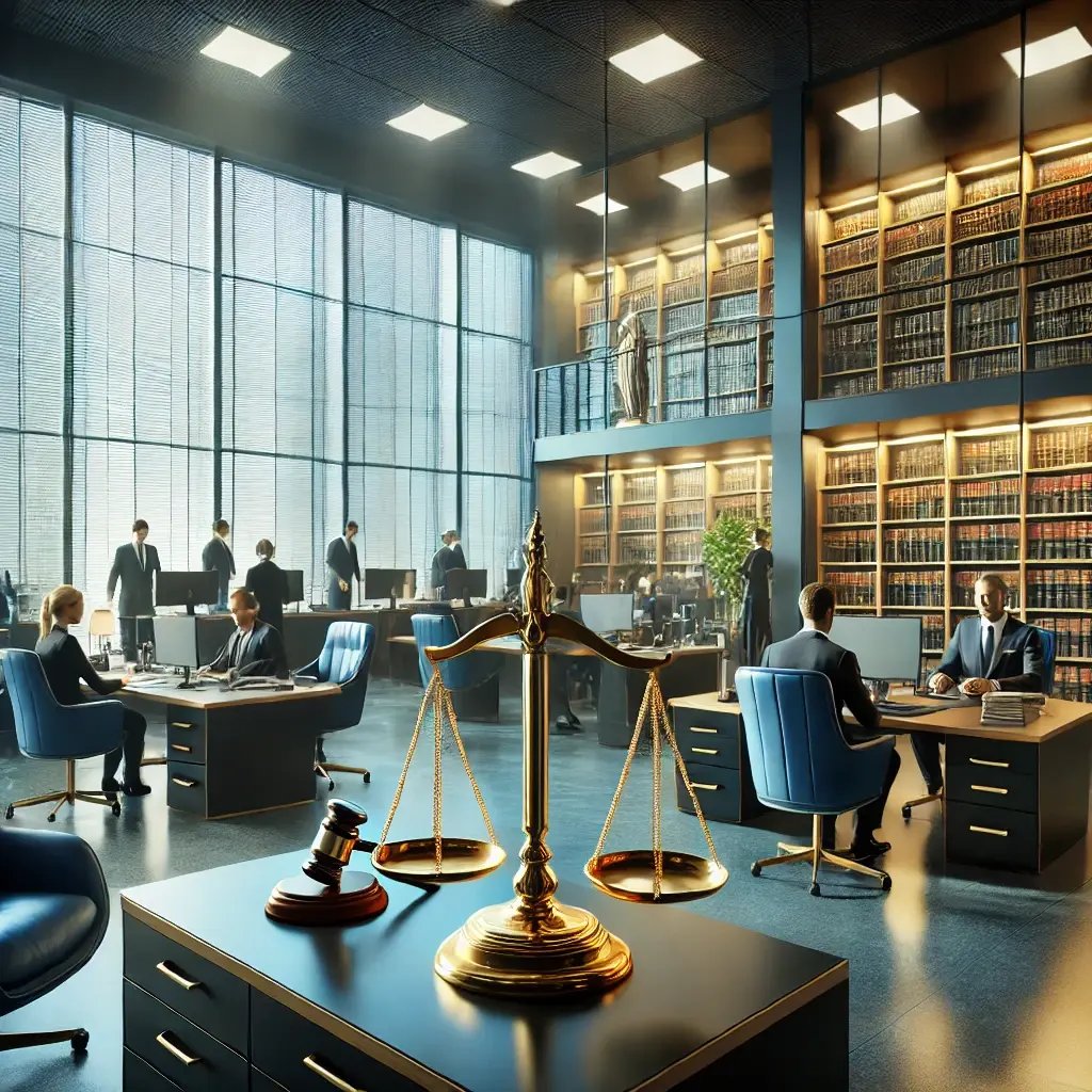 DALL·E 2025-02-17 12.25.43 - A modern law office with large glass windows allowing natural light to enter. The office is spacious and elegant, featuring blue-toned furniture, slee